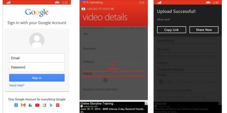 Upload allows users to upload videos to YouTube on Windows Phone