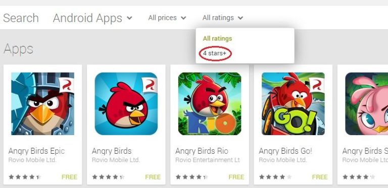 Google adds rating filter to searches in the Play Store