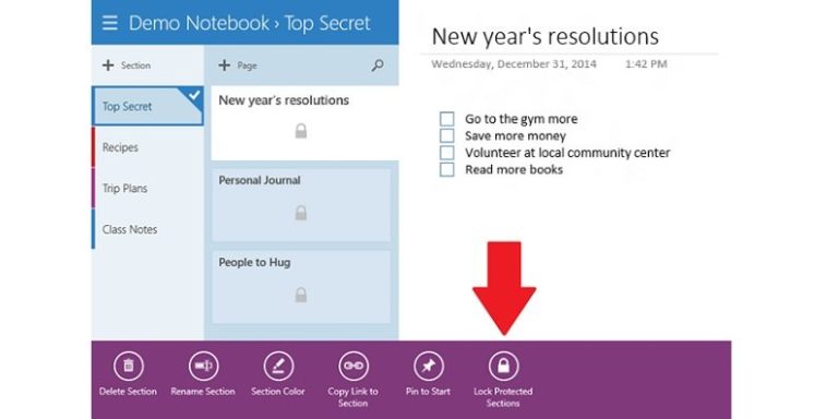 OneNote for Windows 8.1 updated with passwords for individual sections